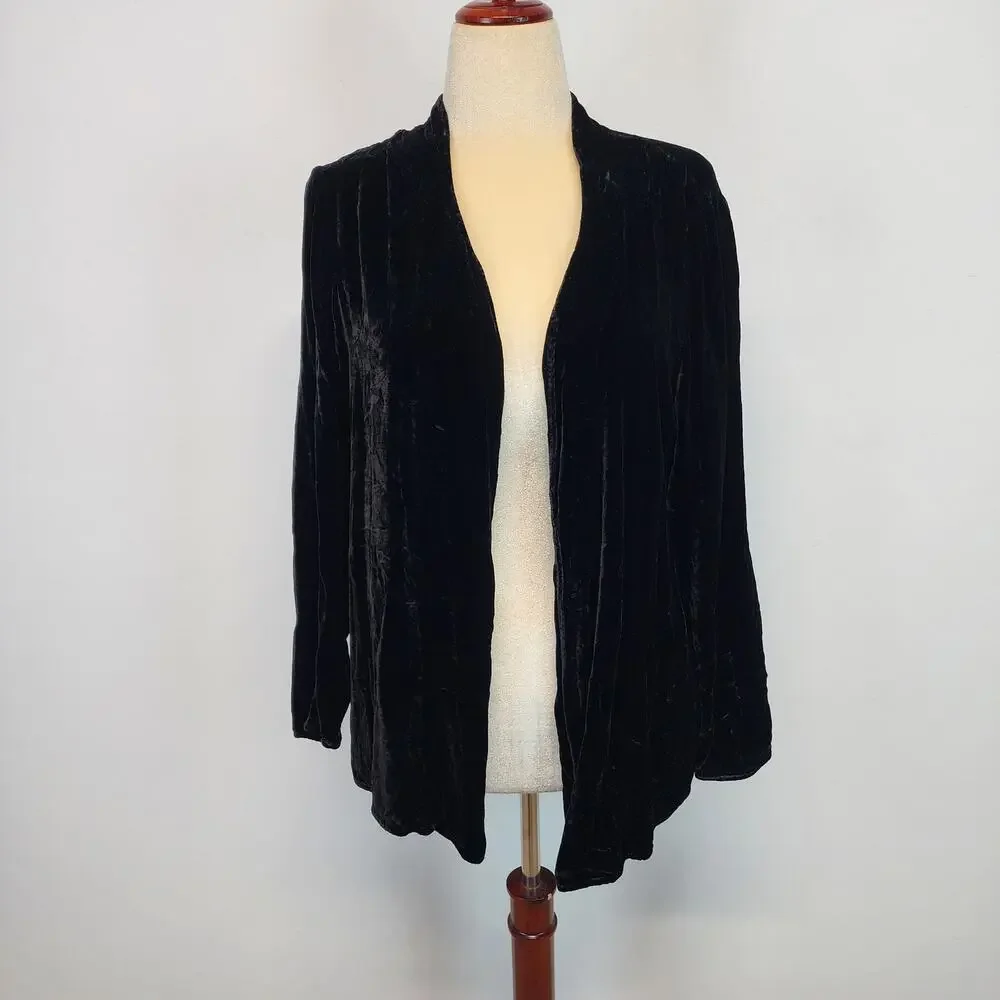 Womens Velvet Cardigan Topper Size 12 Black Open Silk Blend Vtg Newport News